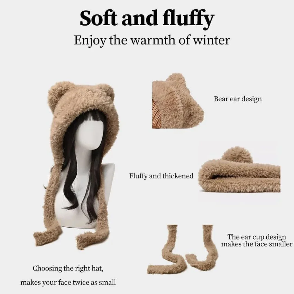 Women Sepia Winter Beanie Hats Knit Ear Flaps Cute Stuffed Bear Ears Fleece